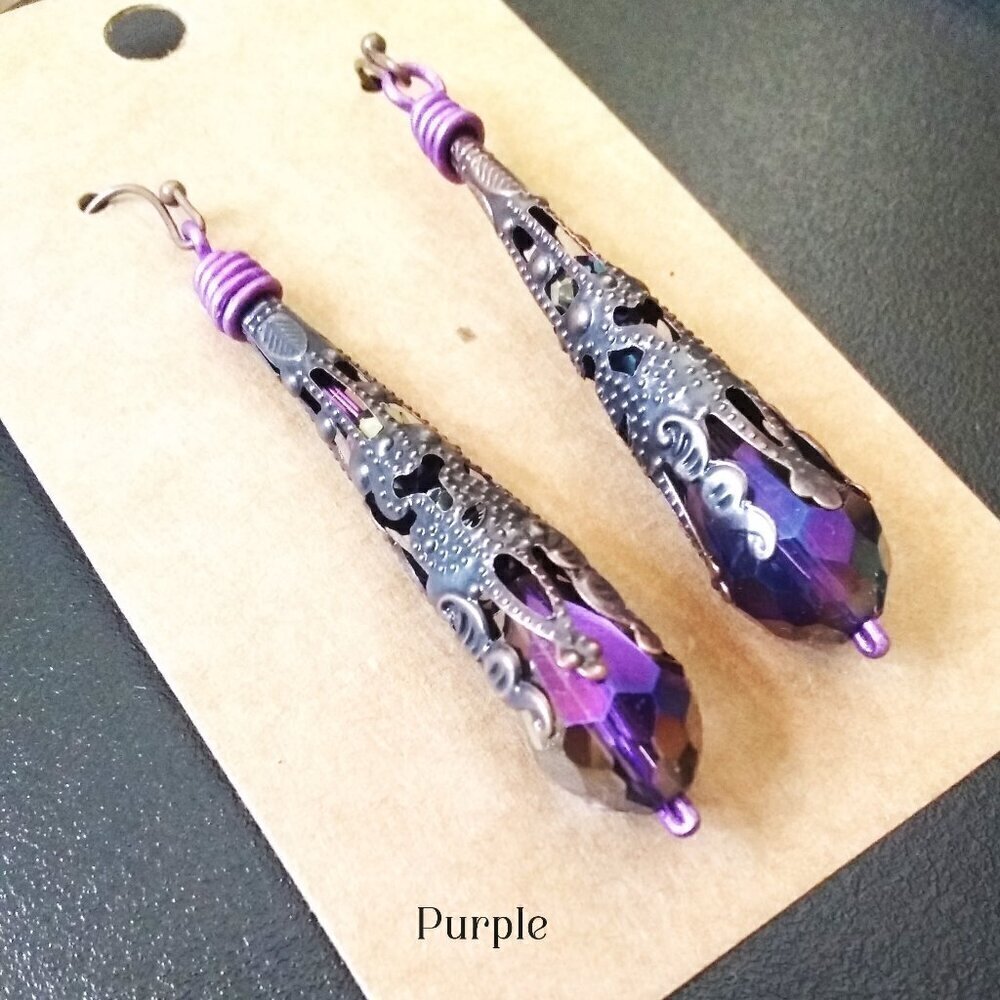 Understated Bling! Extra Long! Copper Filigree Cone & Purple Dangle Earrings